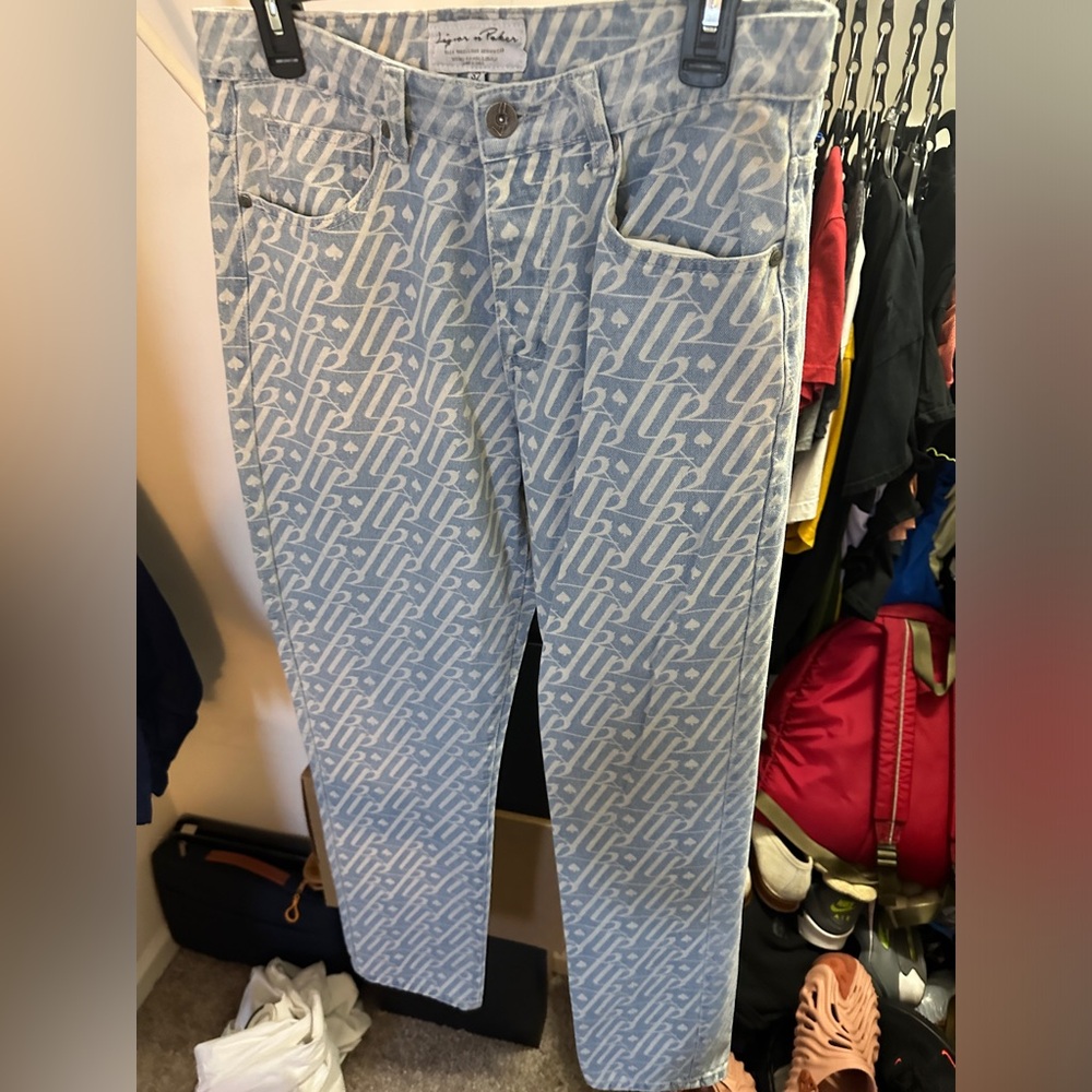 EXCELLENT condition Size 32 Liquor N Poker men’s Denim jeans Pattern Blue&white